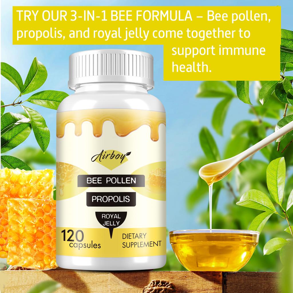 Airboy Bee Pollen Propolis Royal Jelly Capsules 120 Count — Immune Support, Daily Wellness, Nutritional Support