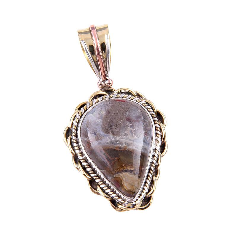 Natural Crazy Lace Agate Gemstone 925 Solid Silver Two Tone Pendant 1.50'' W6t06
