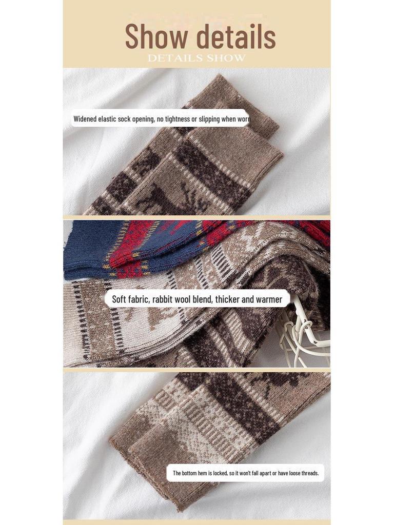 Женские теплые носки выше колена из кроличьей шерсти с рождественским оленем - Толстые леггинсы осень/зима