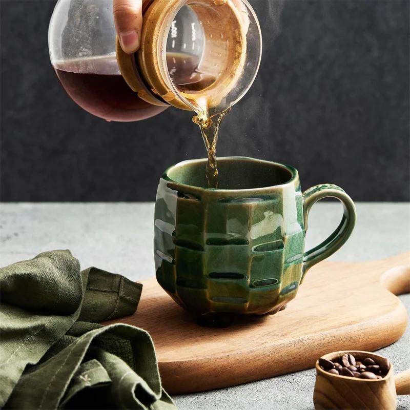 Japanese Style Ceramic Mugs 420ml Green/White Retro Rough Pottery Coffee Cup Office Household Breakfast Milk Juice Teacups Water