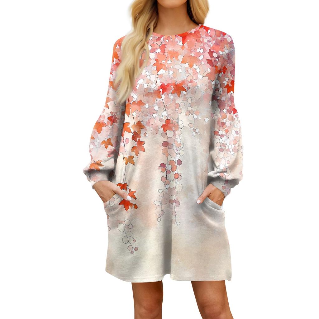 Модное женское платье трапециевидной формы с длинным рукавом. Осенний повседневный пуловер с круглым вырезом. Свободное платье с карманами.