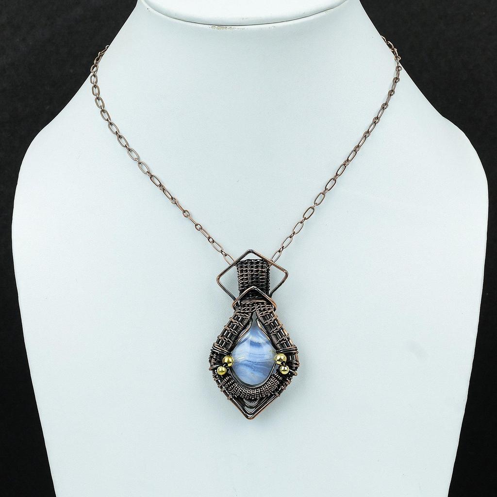 Голубой кружевной агатовый кулон, обернутый медной проволокой, ювелирное изделие ручной работы, драгоценный камень, ювелирное изделие последнего дизайна, обернутое медной проволокой, кулон в подарок для нее