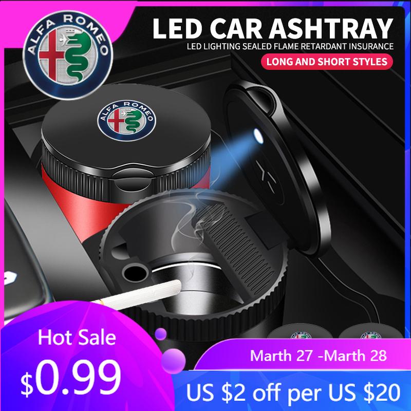 For Alfa Romeo Metal Car Ashtray With Lid LED Light Portable Alloy Stainless Steel For Alfa Romeo Giulia Stelvio Giulietta 156 1GF8