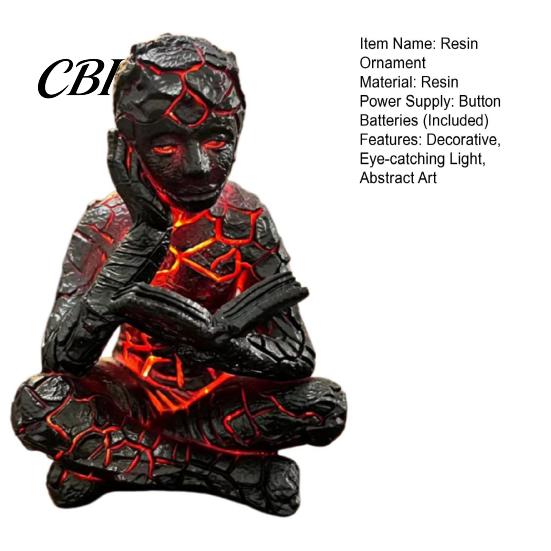 Resin Art Ornament Cracked Reader Figurine, Lighted Abstract Statue, Modern Thinker Creative Living Room Sculpture with LED Light for Home Desk Shelf