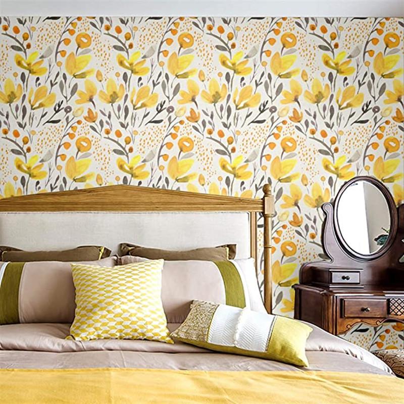 Желтые свежие цветочные самоклеящиеся обои виниловые отклеивающиеся и приклеивающиеся ручной росписи акварельный дизайн для гостиной домашний декор