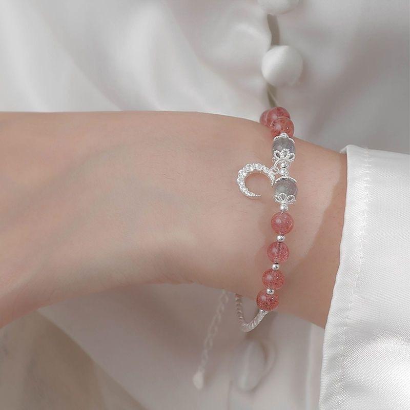 Moonstone Strawberry Crystal Bracelet Female Sterling Silver Student Simple Personality Pink Bracelet Girlfriend Star Moon Jewelry