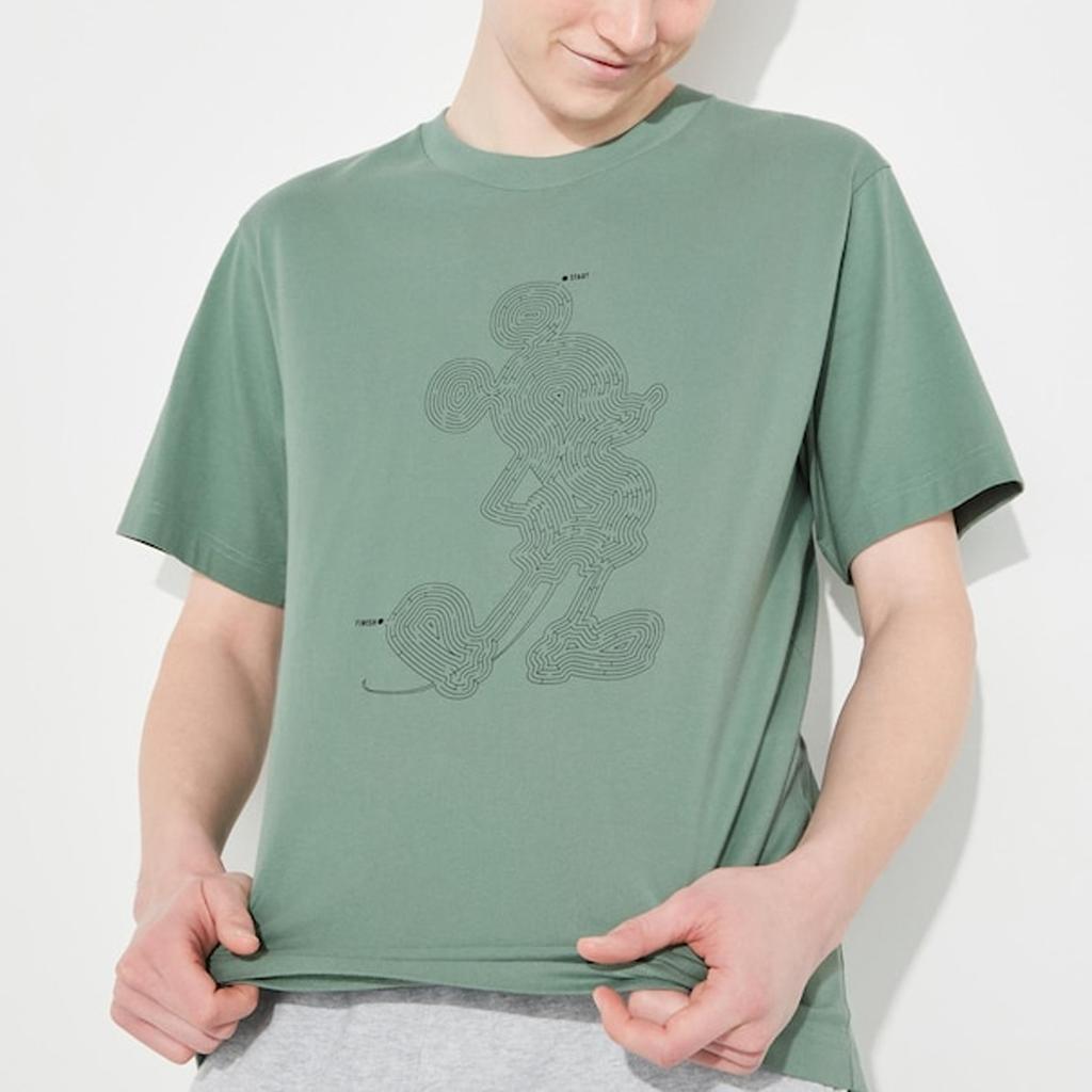 Uniqlo X Коллаборация с Disney Весна/Лето 23 Футболка унисекс с графическим принтом Микки Мауса, круглый вырез, зеленая 458601-53