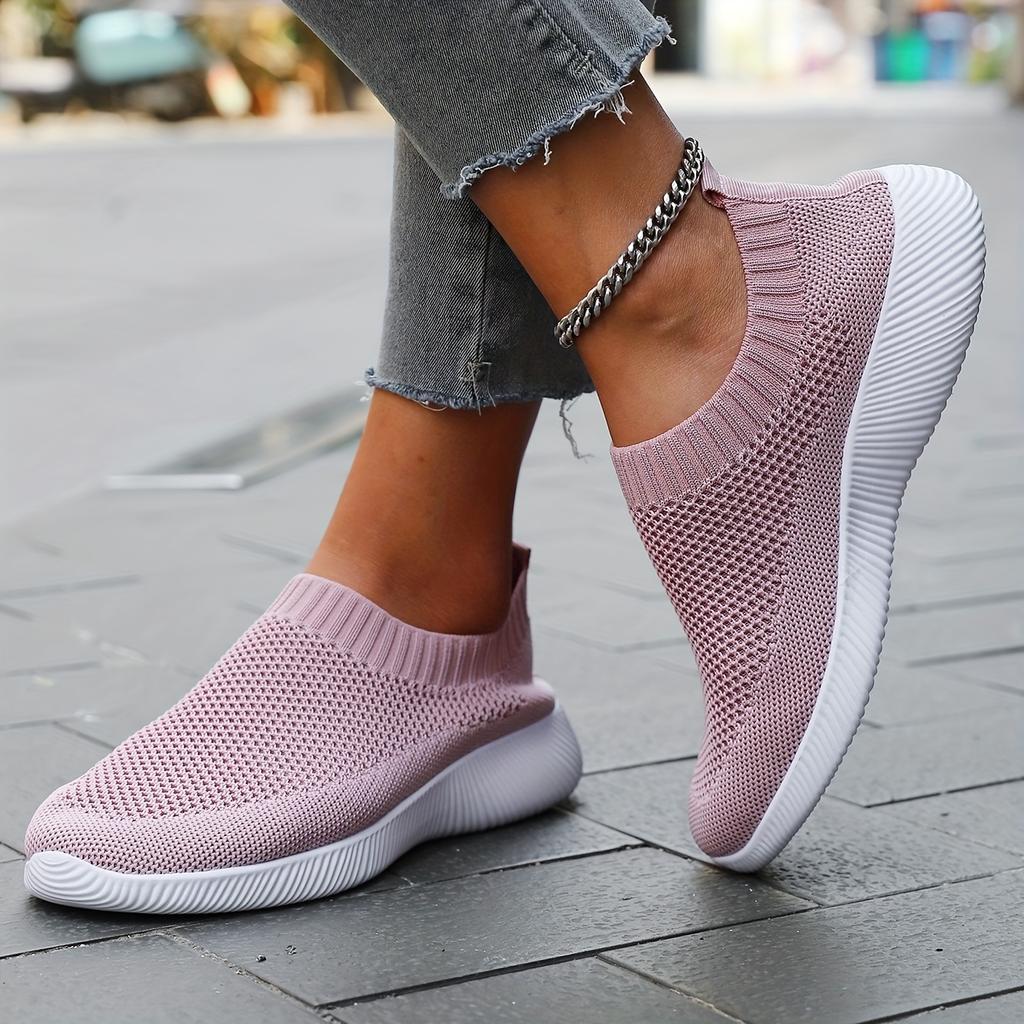Women's Solid Color Flying Woven Sneakers, Casual & Breathable Slip On Outdoor Shoes, Lightweight Low Top Running Shoes