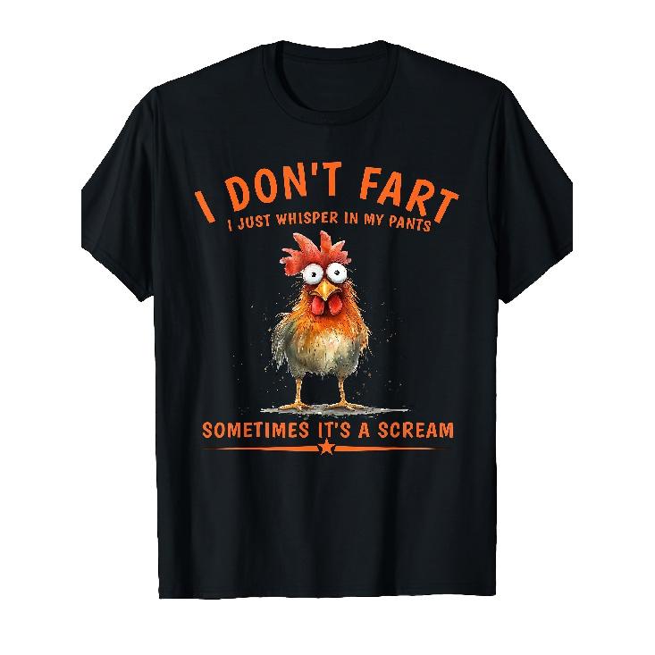 Men's Funny Farting Meme T-Shirt with Rooster Design & "I Don't Fart" Slogan - Soft Breathable Short-Sleeve Crew Neck Shirt, Black & Orange Rooster