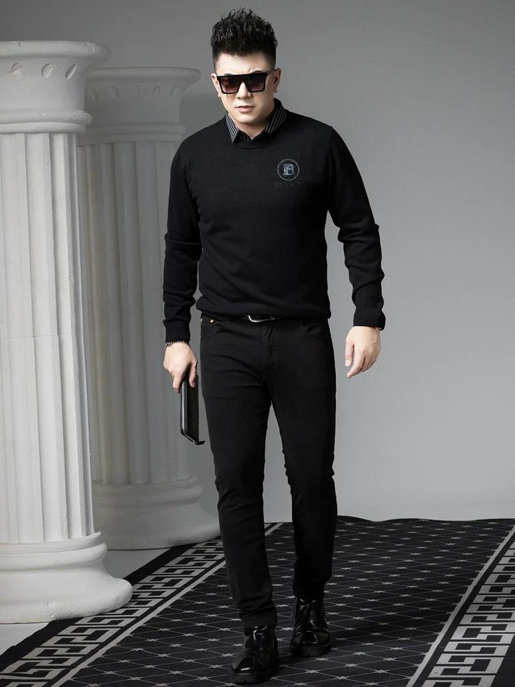 European Trendy Brand Letter-Printed Warm Knit Sweater for Men, 2025 Autumn and Winter New Style, Round Neck, Faux Two-Piece Sweater for Men