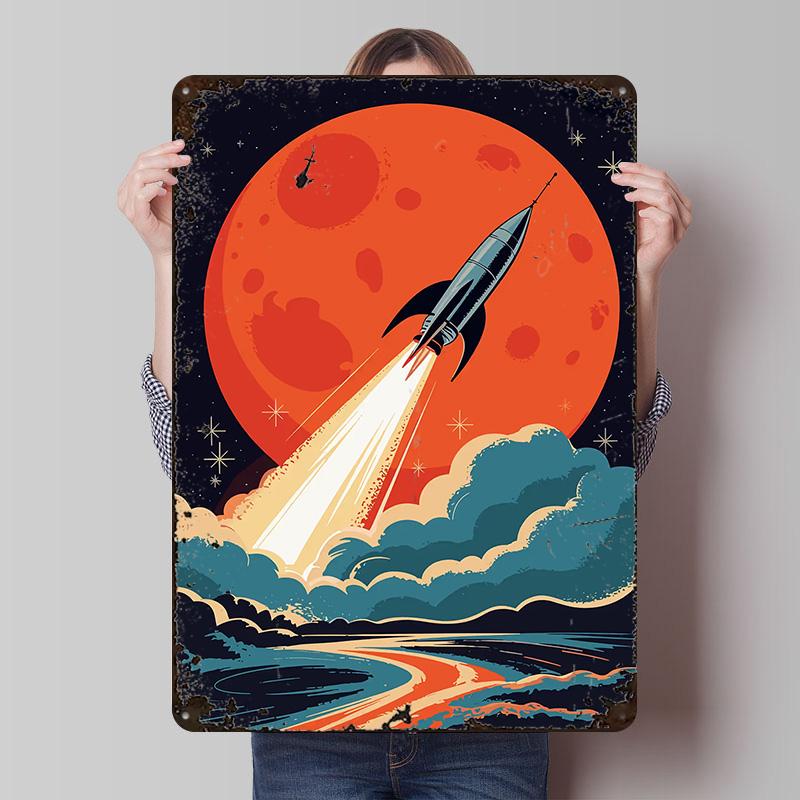 Retro Rocket Launch to Mars Printed Poster Customized Wall Art Retro Vintage Metal Tin Signs for Home Room Accessories House