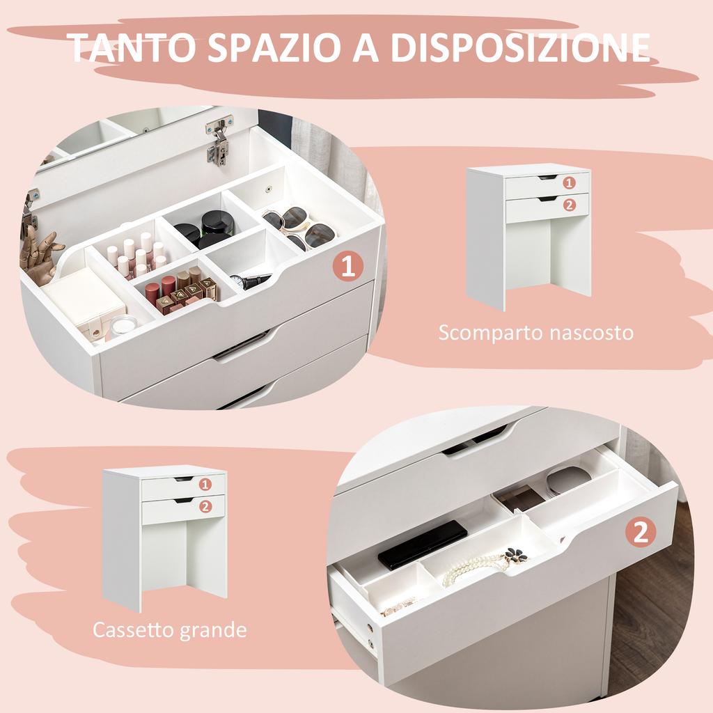 Bedroom Dressing Table with Mirror, Drawer and Matching Stool in Wood, White