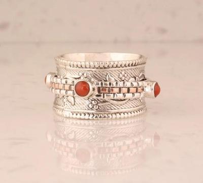Кольцо с красным кораллом, двухцветное кольцо, серебряное кольцо 925 пробы, эффектное кольцо, ювелирные изделия в подарок на день рождения, кольцо-спиннер, мужское и женское кольцо