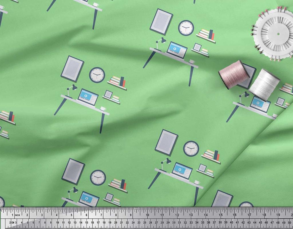 Soimoi Синий японский креп-сатиновый монитор, книги и учебный стол, образовательная тема, метр швейной ткани с принтом, 42 дюйма