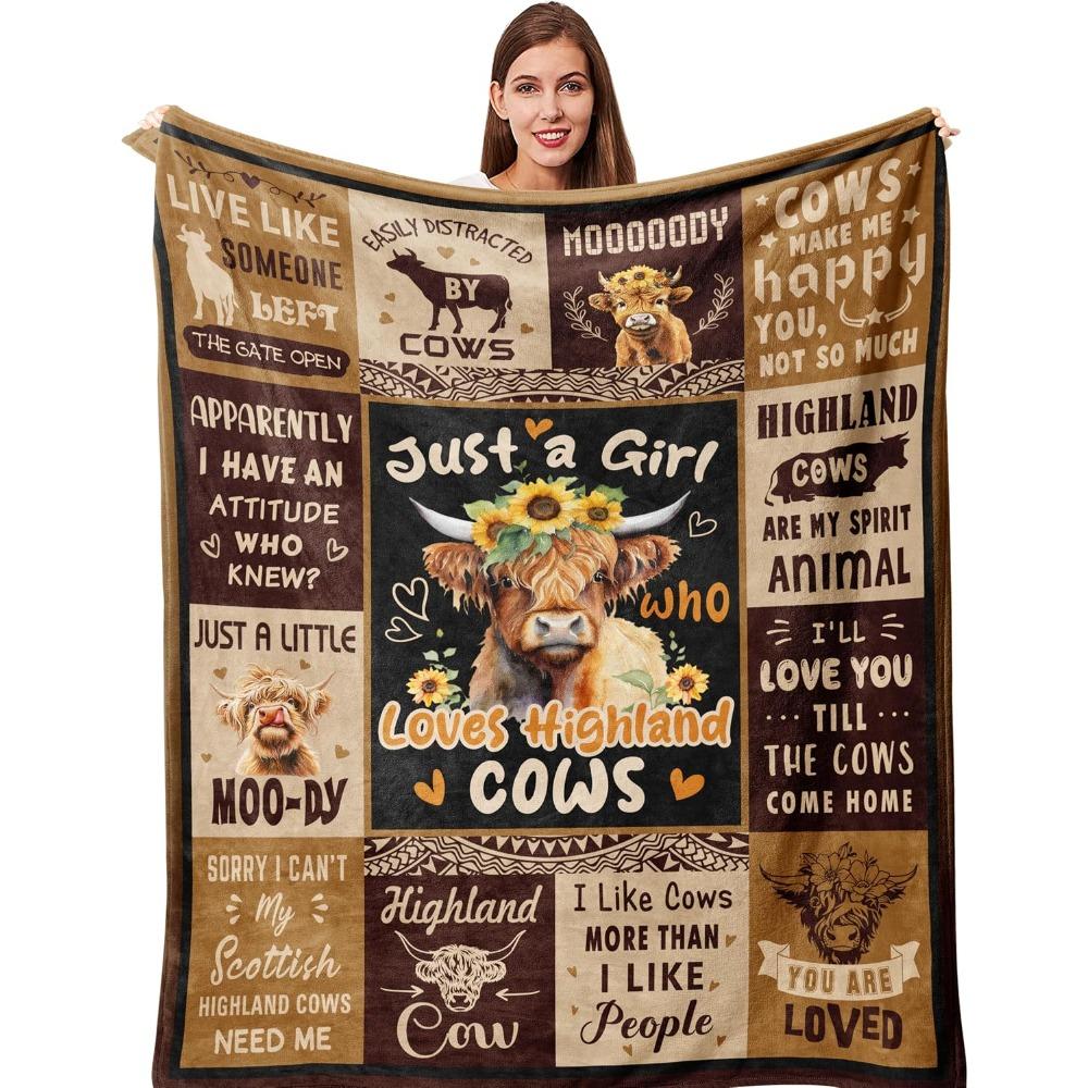 Highland Cow Sunflower Patchwork Flannel Blanket Just A Girl Who Loves Highland Cows Quote Print Blanket Sofa Bedroom Farm Animal Home Decor Gift
