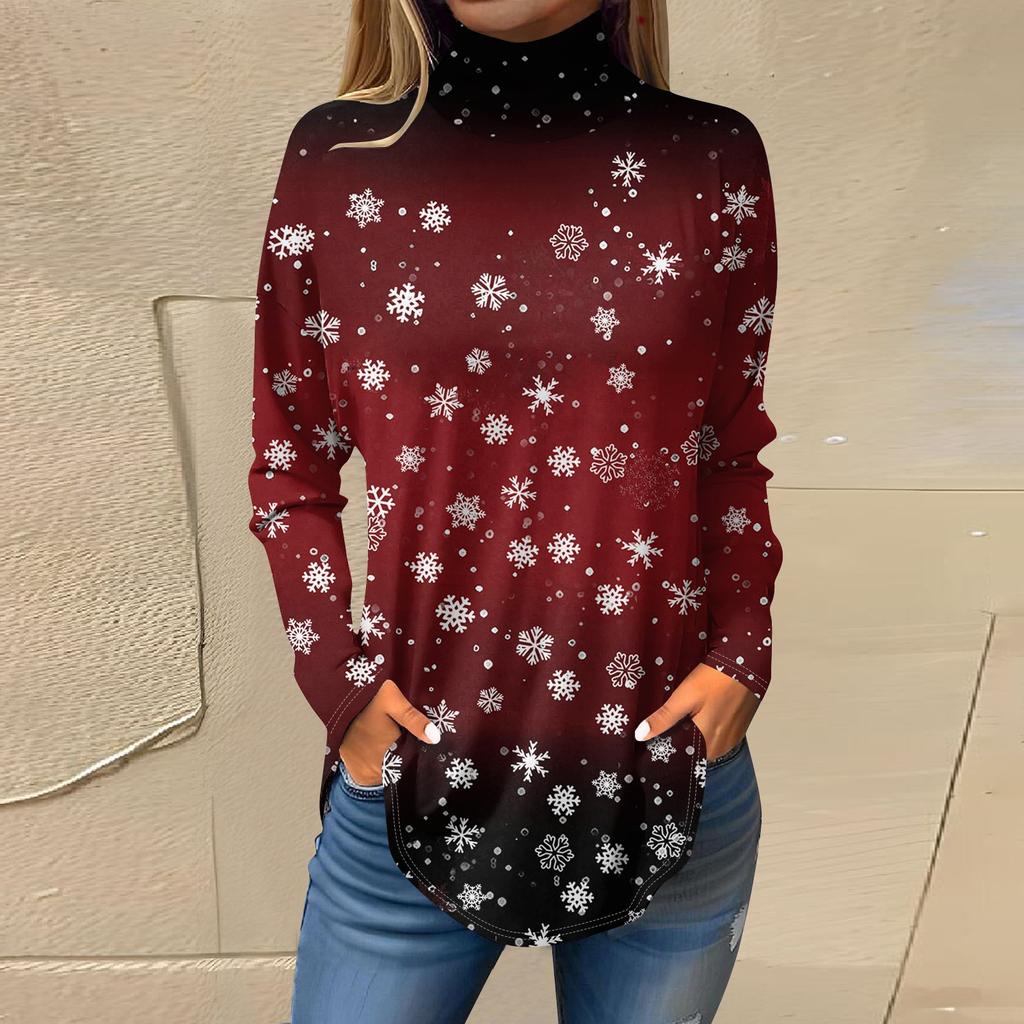 Футболки для женщин, осенние повседневные рубашки с длинными рукавами, толстовка с винтажным принтом, топ с высоким воротом, пуловер