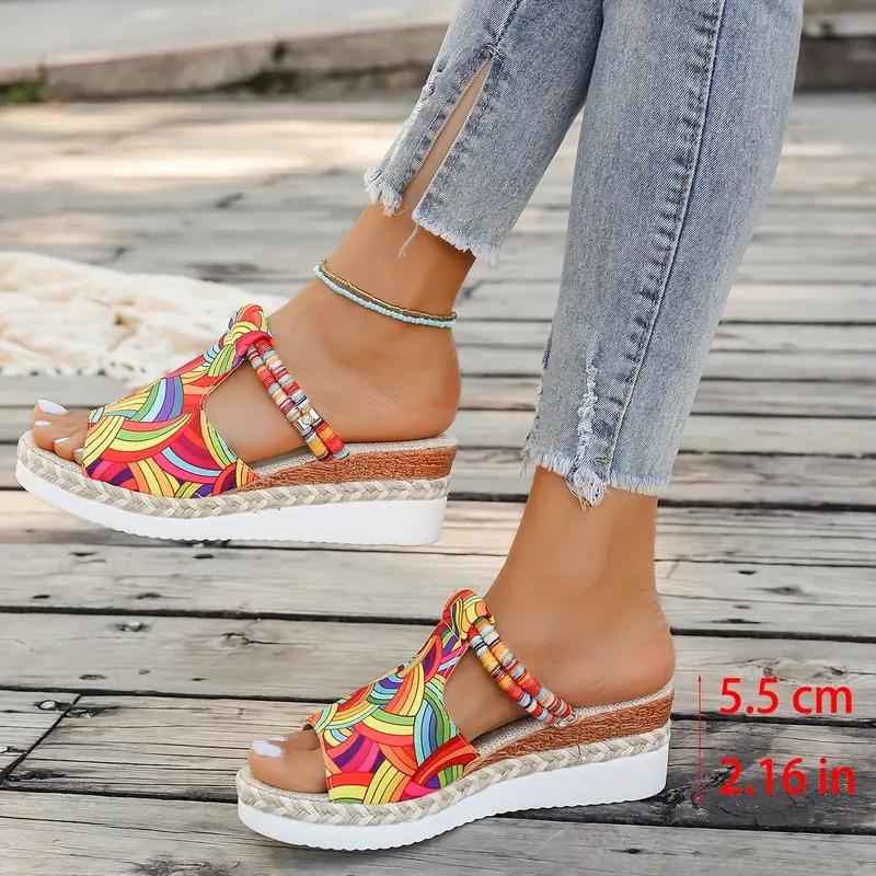 Женские сандалии с принтом черепа, цветные плетеные шлепанцы на платформе для отдыха на море, пляжные шлепанцы на танкетке для Хэллоуина
