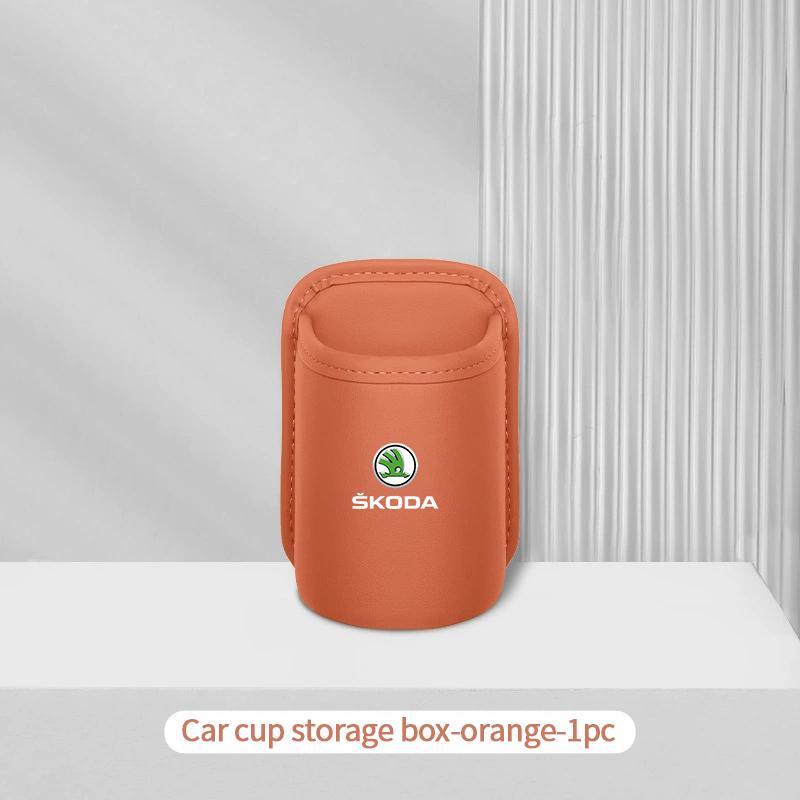 HIAQ2 Leather Car Door Side Water Cup Holder Interior Storage Box For Skoda Superb Octavia Rapid Karoq Enyaq Fabia Kamiq Yeti Scala