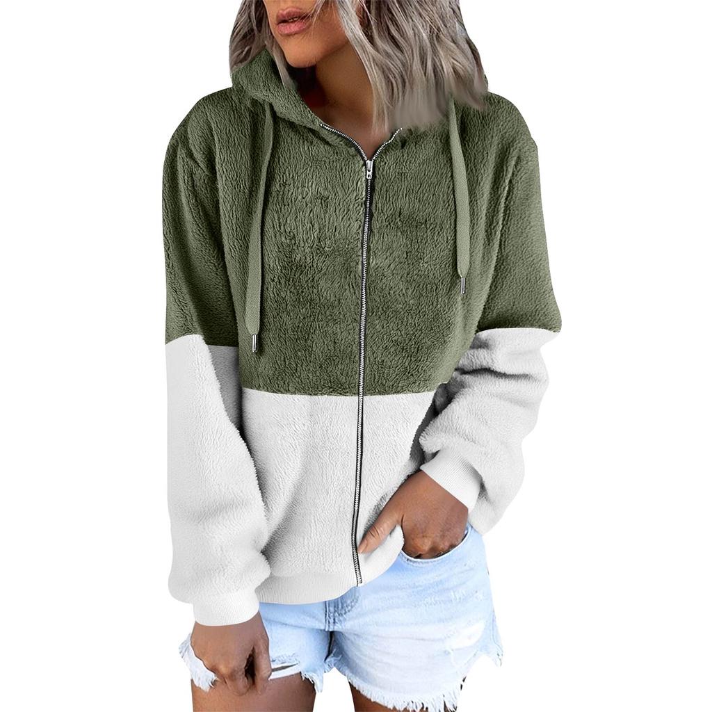 Women's Fashionable Warm Fleece Solid Color Hoodie Zipper Pocket Casual Jacket