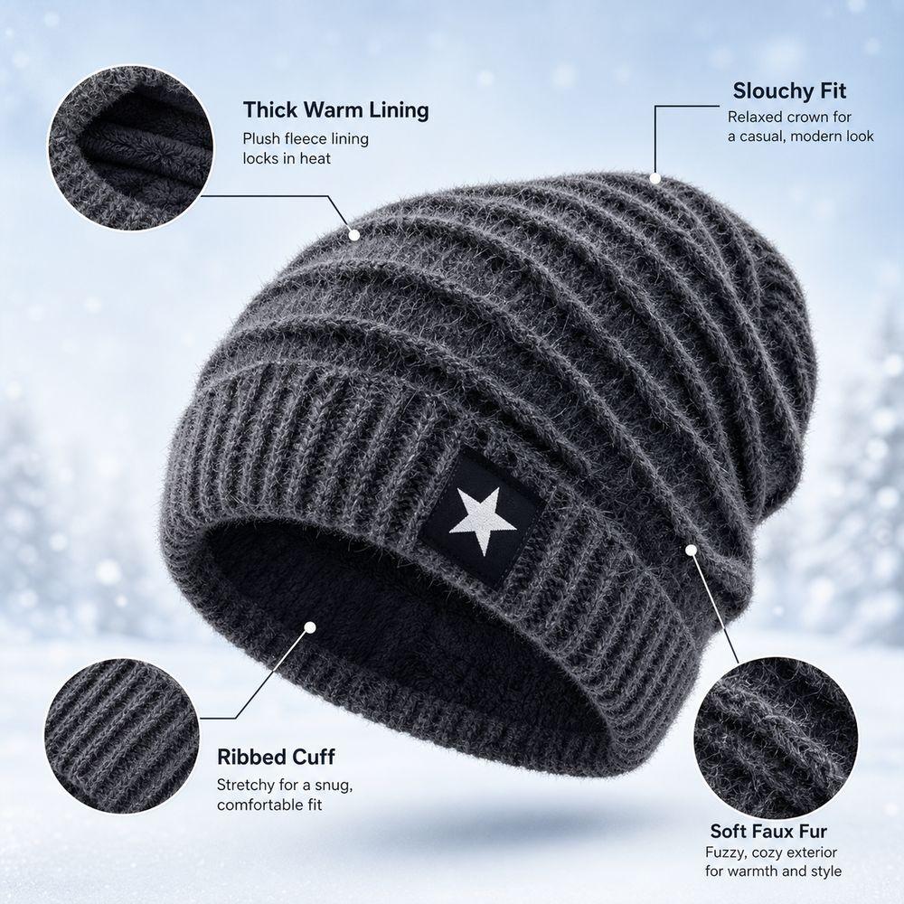 Thickened Knit Slouchy Beanie Hat Faux Rabbit Fur Warm Knit Hat New Cuffed Beanie Winter Wear