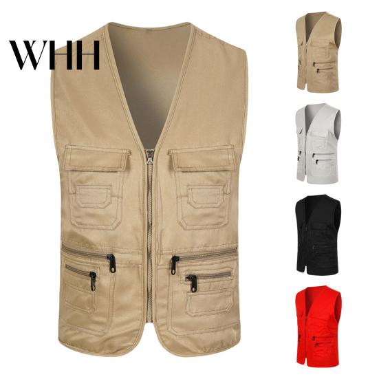 Zipper Closure Waistcoat Men Summer Cargo V-Neck Sleeveless Multi Pockets Sports Comfortable Outdoor Vest Solid Color Placket Volunteer Safety