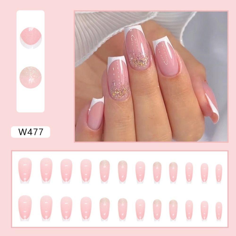 24pcs DIY Detachable Press on Nails Crystal Full Cover Ballerina Fake Nails Long French White Edge