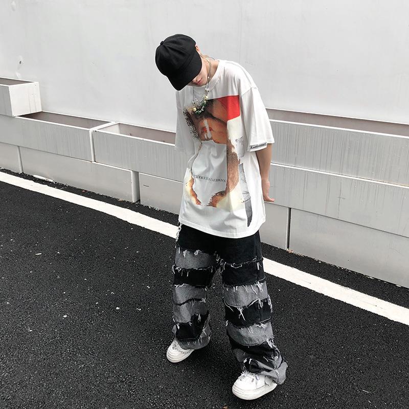 Мужские негабаритные винтажные лоскутные джинсы в стиле хип-хоп с широкими штанинами, мешковатые рваные потертые джинсы Y2K, уличная одежда в стиле гранж для мужчин