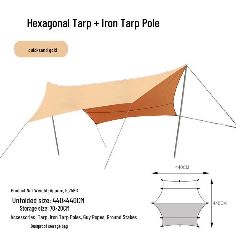 ZISIZ Outdoor TC Cotton Hexagonal Tarp with Poles