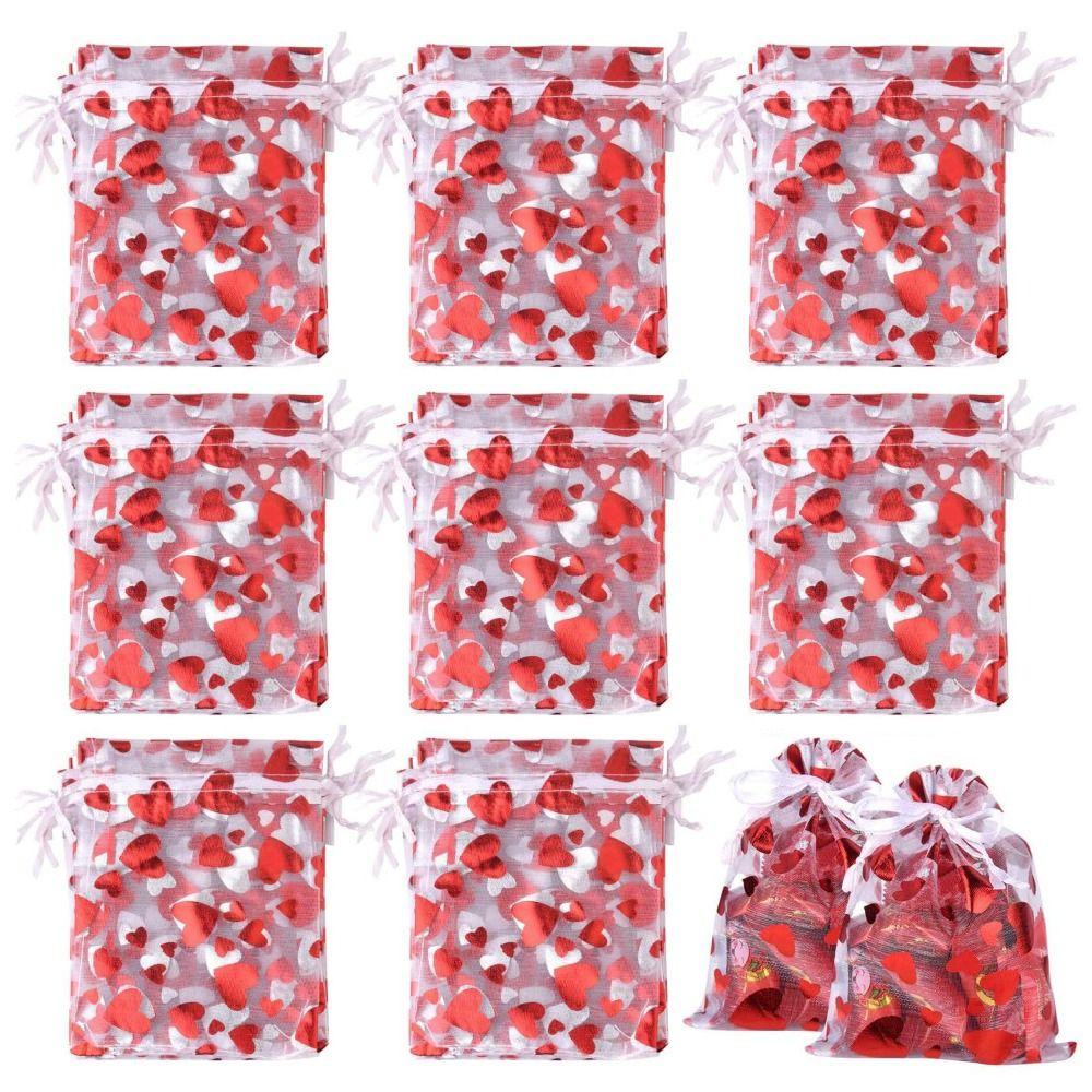 20pcs Love Heart Valentine's Day Gift Bag Drawstring Bronzing Gift Bag Mesh Candy Pouches Wedding