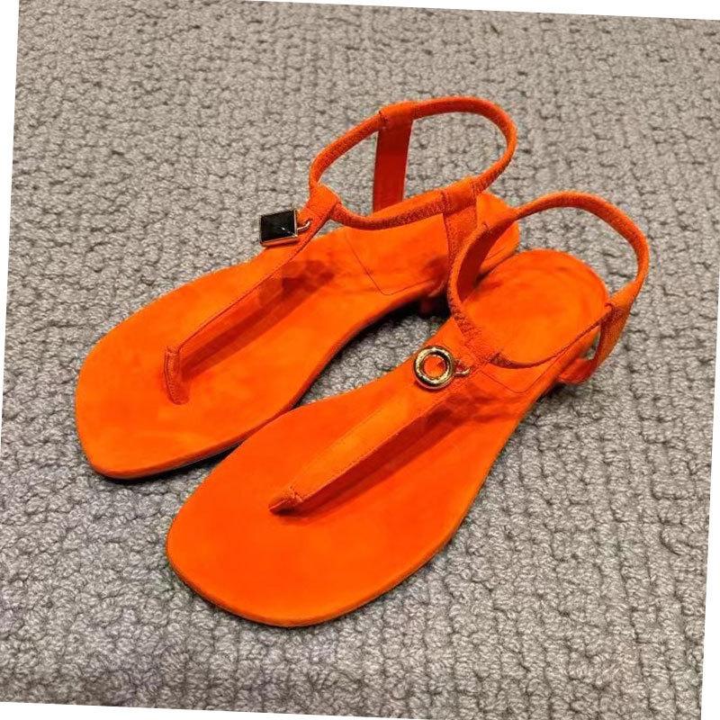 Sheepskin version~ Retro metal buckle toe flat sandals versatile simple word with Roman beach cool slippers women