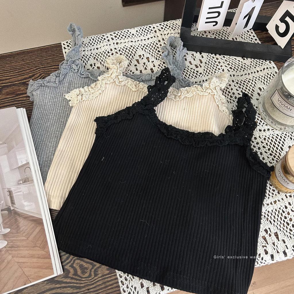 Korean-Style Girls' Lace Ribbed Tank Top - 2025 Spring/Summer Slim Fit Base Layer
