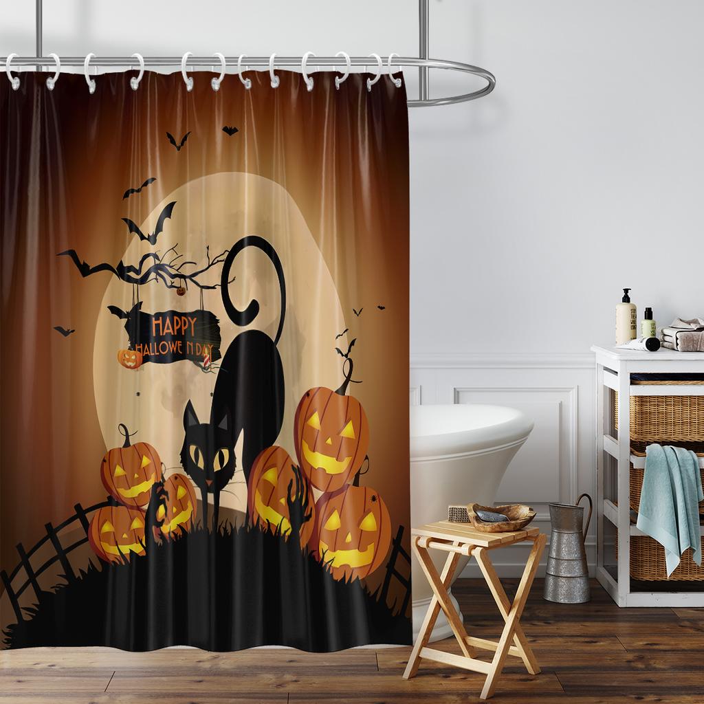 1 шт. 180x180 см занавеска для душа с изображением оранжевого, черного кота и тыквы на Хэллоуин, водонепроницаемая и устойчивая к плесени