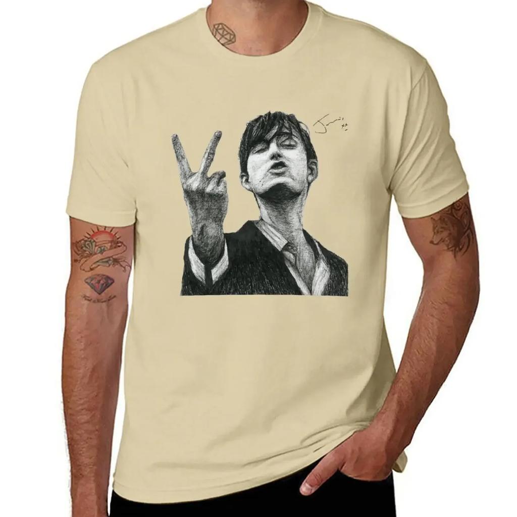Jarvis Cocker Outline V Sign Sketch with Autograph and Background -Iconic Jarvis Moment T-Shirt plain t shirt men