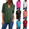 Plus Size Women Solid Color Loose Zipper V Neck Long Sleeve Chiffon Blouse Shirt