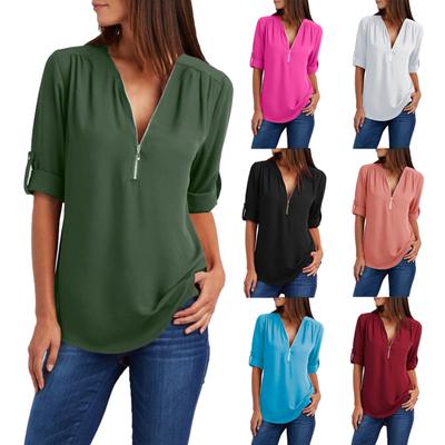 Плюс размер женщин сплошной цвет свободные молнии V шеи с длинным рукавом шифоновая блузка рубашка