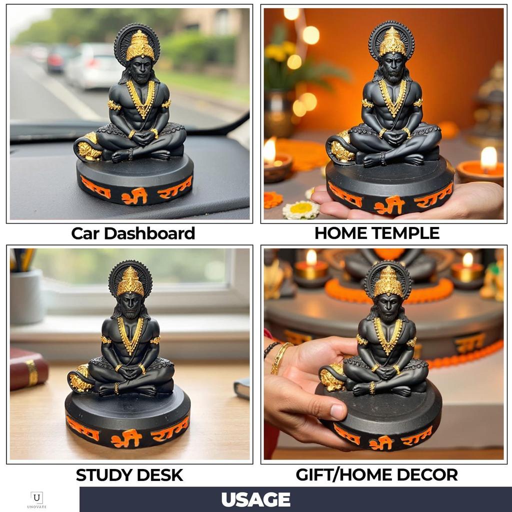 Hanuman Idol for Home Temple & Office Desk | Hanuman Murti for Car, Positivity, Strength & Vastu Protection (Black Matte Finish, 10cm Height,)