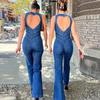 European & American Women's High-Waisted Slimming Sleeveless Backless Denim Jumpsuit