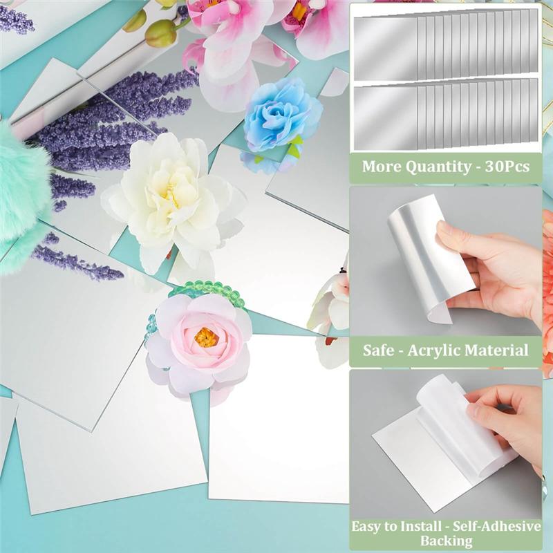 ABBY-30 PCS Acrylic Mini Mirror Tiles Self Adhesive, Square High-Definition Tiny Mirror Tiles For Crafts