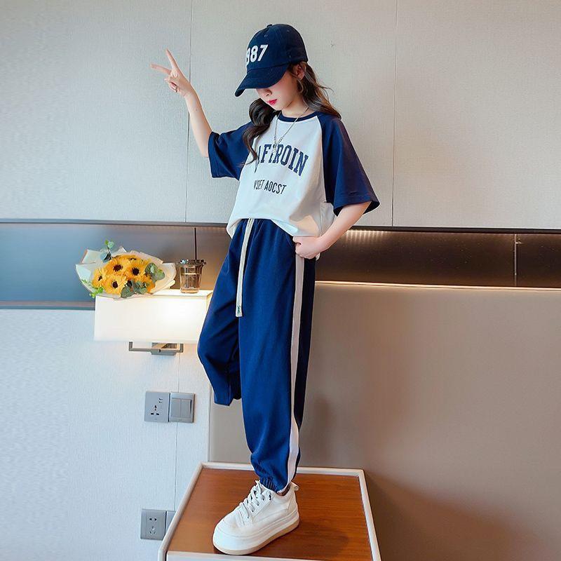 Летний повседневный комплект для девочек-подростков, детская модная футболка с буквенным принтом + брюки, спортивная одежда из 2 предметов, детская одежда