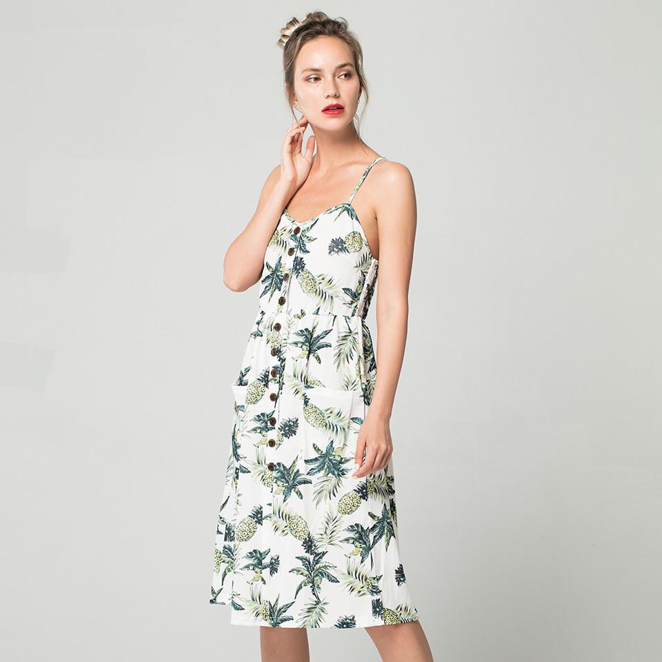 Sexy V Neck Backless Floral Summer Beach Dress Women Striped Button Pineapple Party Midi Dresses