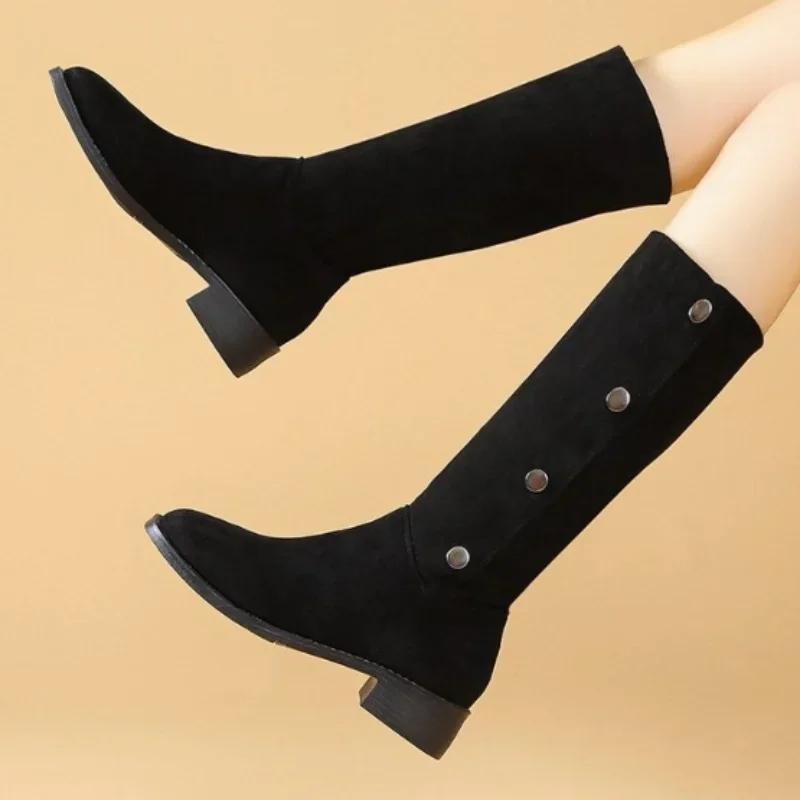 2024 New Western Cowboy Women's Boots Low Heel Women's Pointed Toe Over-the-Knee Boots Winter High Quality Suede Boots