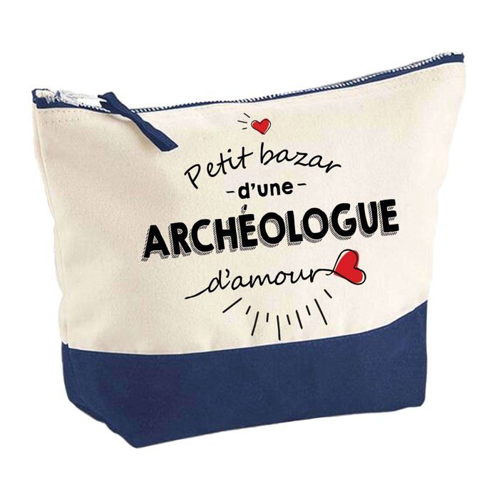 Trousse de maquillage - PLANETEE - Pochette fond bleu «Bazar d'une Archéologue d'Amour» - Grand format - Coton - Impression HD
