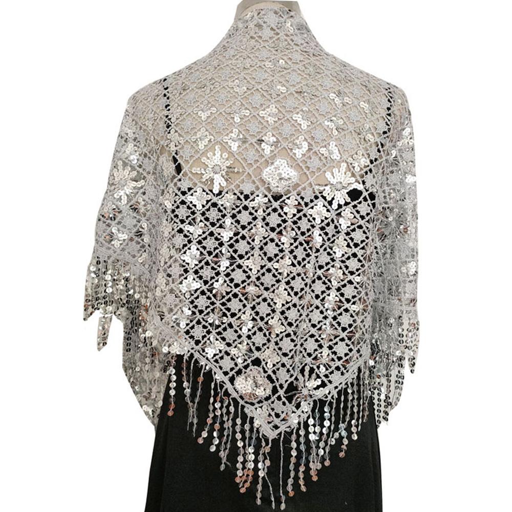 Полая треугольная кружевная шаль с блестками, свадебная женская роскошная вечерняя накидка, женский блестящий блестящий палантин, клубный шарф с кисточкой