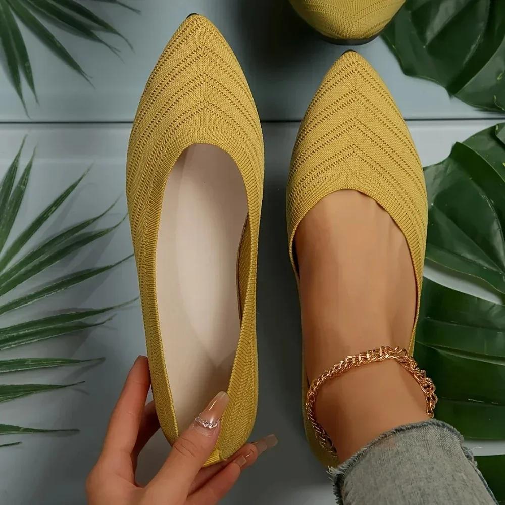 Модные туфли на плоской подошве с острым носком, женские однотонные вязаные туфли, повседневные дышащие балетки, женские мокасины, кроссовки Zapatos De Mujer