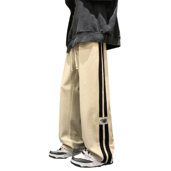 Men Pants Drawstring Elastic Waist Wide Leg Striped Retro Solid Color High Street Full Length Loose Soft Breathable Men Sweatpants Trousers