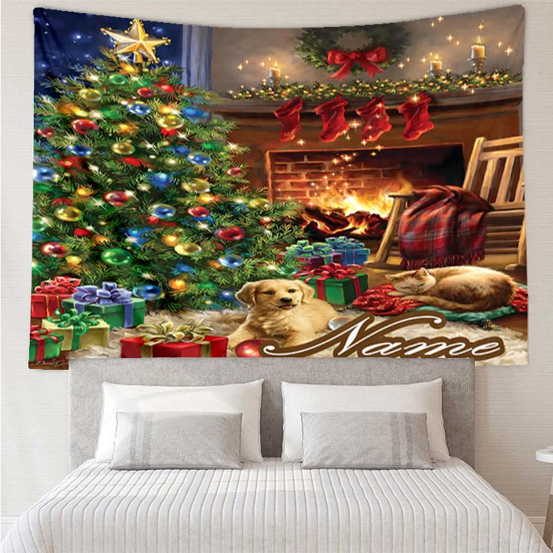 Custom Name Christmas Dog Print Tapestry, Backdrop, Easy Setup, Ideal for Bedroom, Office & Living Room, with Aesthetic Wall Hanging Decor.
