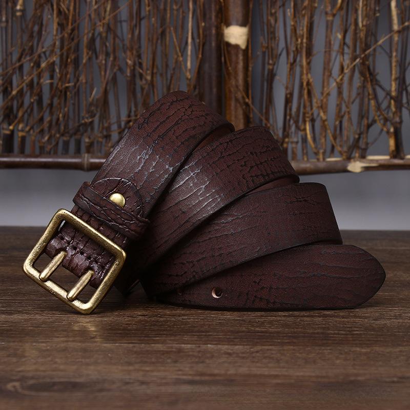 Ремень мужской в ​​корейском стиле, ретро, ​​потертый, модный, уникальный, с двойной иглой, латунная пряжка, натуральная кожа, джинсовый ремень из натуральной яловой кожи