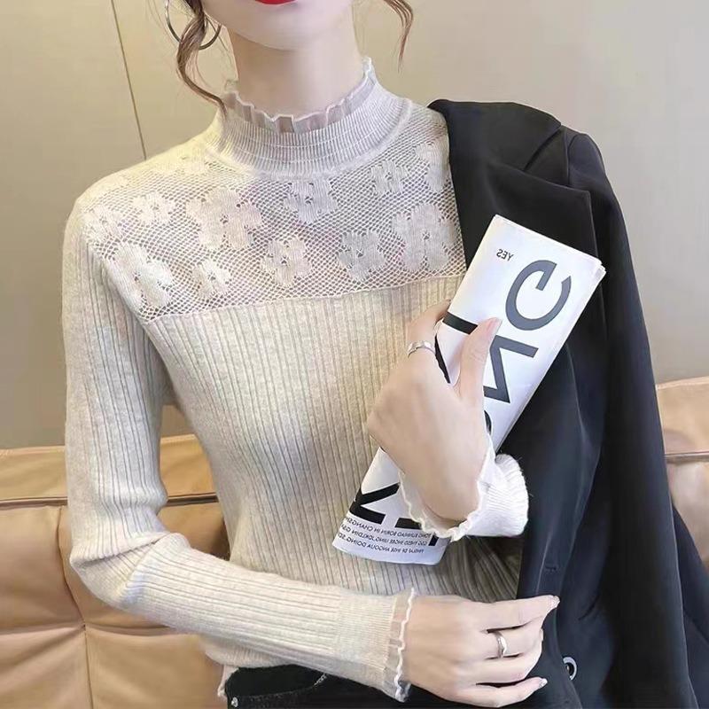 Autumn and Winter New Fashion Semi-turtleneck Knitted Sweater with Top Women's Lace Edge Slim-fitting and Thin Sweater Bottoming Shirt