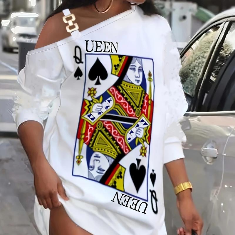 Women's Autumn Printed Metal Buttons Slant Shoulder Neck Button Dresses