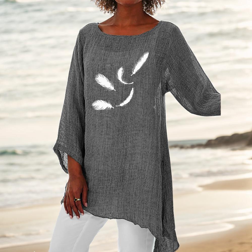 Women Fashion 3/4 Sleeve Top Round Neck Print Plus Size Blouse Thin Cotton Linen Shirt